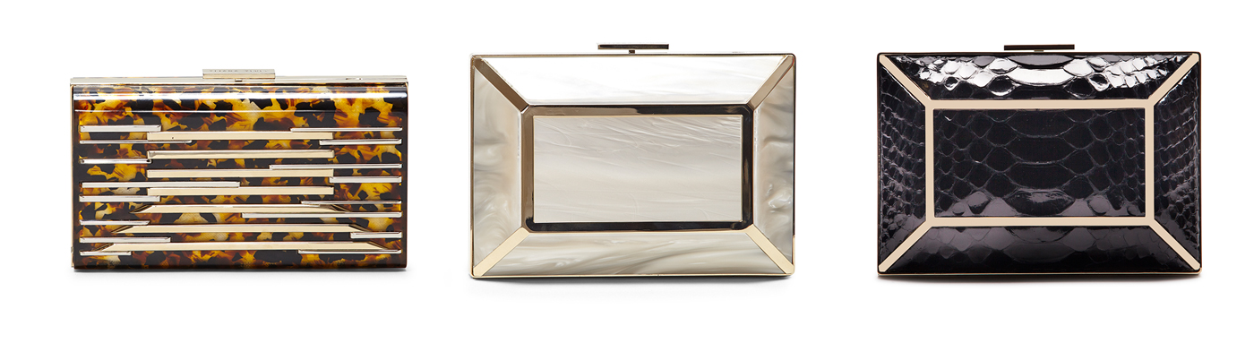 The Layla Tortoiseshell, Gaia Mother of Pearl and Gaia Python clutch bags from Yliana Yepez's Evening collection.