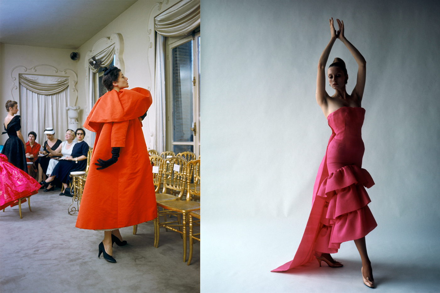 Un mannequin portant un manteau orange Balenciaga, Paris, 1954 © Mark Shaw / Robe du soir style flamenco, Cristóbal Balenciaga, Paris, 1961 © Cecil Beaton