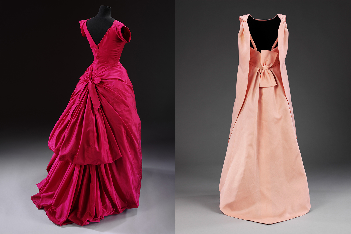 Evening dress, silk taffeta, Cristóbal Balenciaga, Paris, 1955 / 'La Tulipe' evening dress, gazar, Balenciaga for EISA, Spain, 1965 both © Victoria and Albert Museum, London