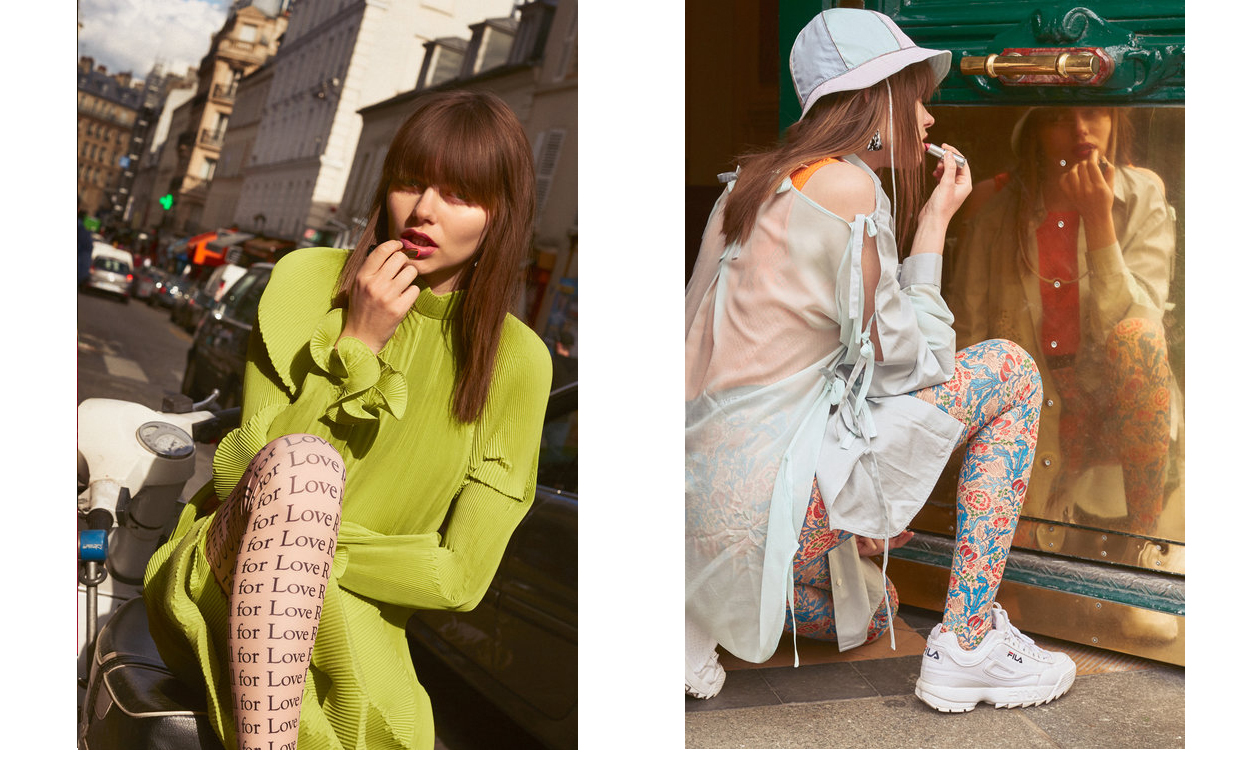 Left : Lipstick, Chanel. Dress, Tibi. Tights, Marine Serre x Galeries Lafayette. Right : Lipstick, Givenchy. Shirt and top, Marco de Vincenzo. Tights, Marine Serre x Galeries Lafayette. Hat, Maison Michel. Earrings, Bianca Maverick.